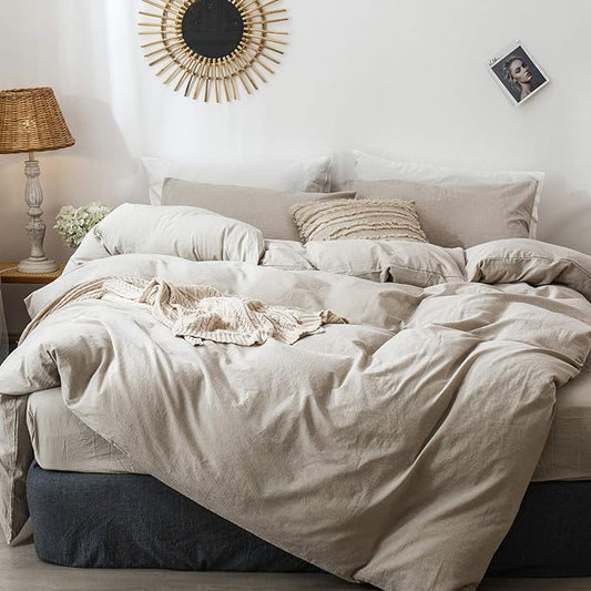 MooMee Bedding Duvet Cover Set 100% Washed Cotton Linen Like Textured Breathable Durable Soft Comfy (Heathered Tannish Linen Grey, Oversized Queen 98"x98")