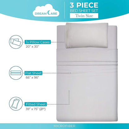 DREAMCARE Twin Sheets - 3pcs Cooling Sheets – up to 21” Extra Deep Pocket Twin Bed Sheets - Twin Sheet Set - Bed Sheets Twin with Side Pocket - L Gray
