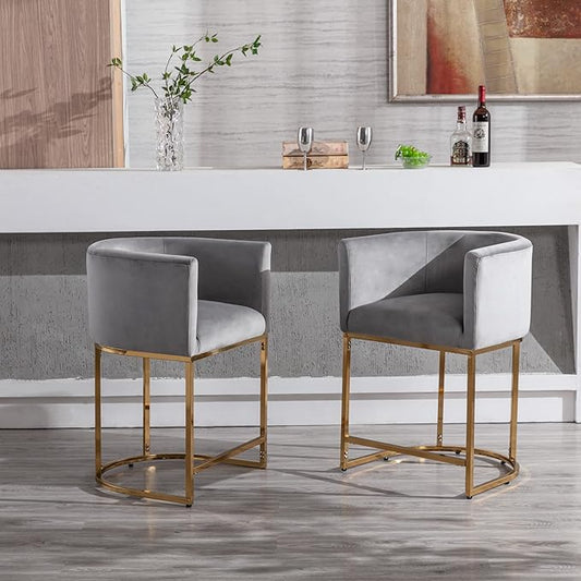 Modern Counter Height Velvet Upholstered Bar Stool, 24" Kitchen Counter Island Stool Bar Chairs with Gold Metal Frame for Kitchen Island, Gray
