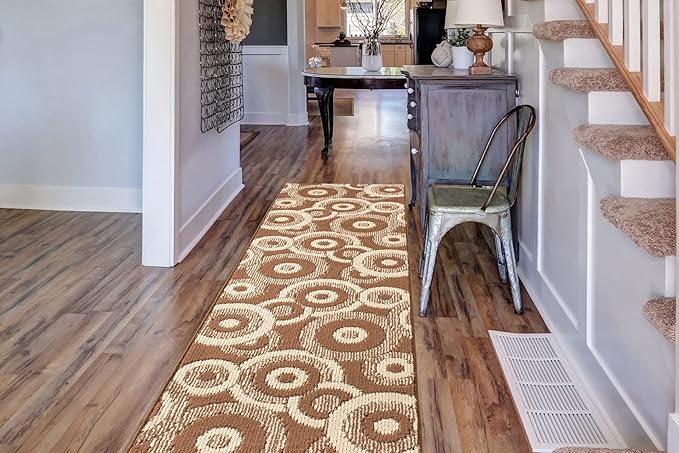Custom Length Cut to Size Modern Farmhouse Carpet Runner Rug for Hallways, Non Slip Rubber Backed, 31 inch Wide X Customized Length, Geo Brown, 31 inch X 15 feet