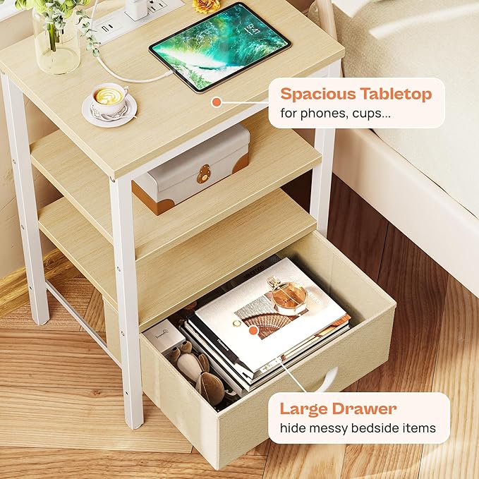 SUPERJARE Nightstand with Charging Station, Bed Side Table with Adjustable Fabric Drawer, Night Stand for Bedroom, 3-Tier Storage End Table, for Living Room, White Maple