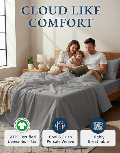 LANE LINEN 100% Organic Cotton Sheets Twin Size, Soft & Comfy Mercerized Fully Elasticized Naturally Temperature Regulating Sustainably Produced Luxury Hotel Quality Cotton Twin Sheet Set- Silver