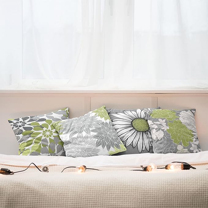 Ambesonne Floral Throw Pillow Cushion Case Pack of 4, Flower Petals Color Palette Chamomile Peony Dahlia and Sunflower, Accent Double-Sided Digital Printing, 16", Grey Pastel Green