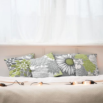 Ambesonne Floral Throw Pillow Cushion Case Pack of 4, Flower Petals Color Palette Chamomile Peony Dahlia and Sunflower, Accent Double-Sided Digital Printing, 20", Grey Pastel Green