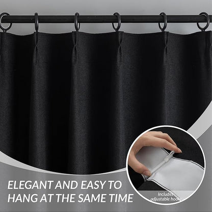 KangBang Pinch Pleat Black Out Linen Curtains 96 Inches Long, Noise Blocking Modern Pleated Drapes for Living Room with Hooks, Light Blocking Vertical Drapes for Office Hotel 2 Panels,40Wx96L, Black