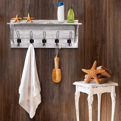 HBCY Creations Rustic Wall Mounted Coat Rack with Shelf - Solid Wood 24" Entryway Shelf with 5 Coat Hangers. Perfect Touch for Your Entryway, Mudroom, Kitchen, Bathroom and More, Whitewash