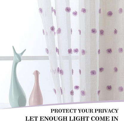 MYSKY HOME Short Curtains for Girls Bedroom Purple Pom Pom White Semi Sheer Curtains Kitchen Bathroom 54 Inches Long Curtains Nursery Boys Kids Room Rod Pocket 2 Panels Small Window 52" x 54"