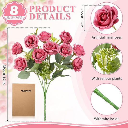 Zeyune 8 Pack 12 Inch Wedding Bouquets for Bride Bridesmaid Pastel Pink Artificial Rose Bouquet Fake Silk Roses Flowers Bunches Bulk for Home Office Garden Parties Decoration
