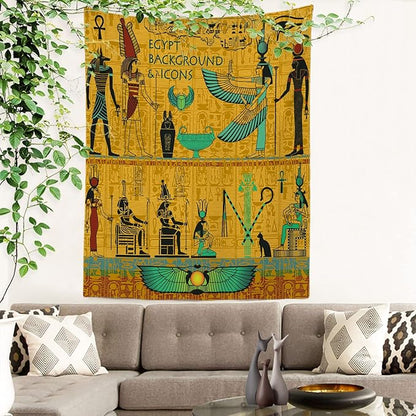 Batmerry Yellow Ancient Egyptian Tapestry, Horus Wall Art Hanging Decoration Polyester Fiber White Ruffled Around for Dorm Room Bedroom Living Room, 59.1x51.2 inches