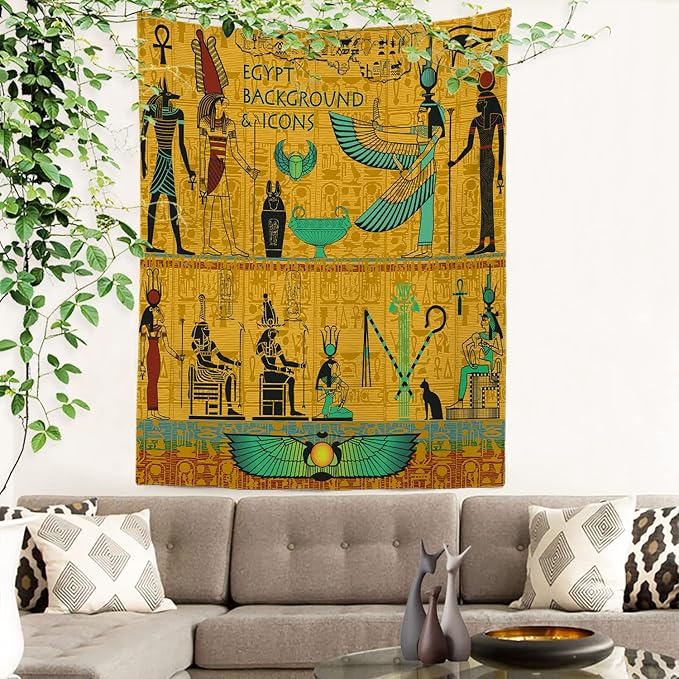 Batmerry Yellow Ancient Egyptian Tapestry, Horus Wall Art Hanging Decoration Polyester Fiber White Ruffled Around for Dorm Room Bedroom Living Room, 59.1x39.4 inches