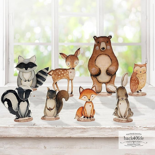 Back40Life Forest Critters Painted Wooden Animal Cutout Shapes (Acrylic Small + Stand (Bundle of 8))