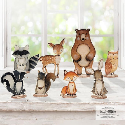 Back40Life Forest Critters Painted Wooden Animal Cutout Shapes (Acrylic Small + Stand (Bundle of 8))