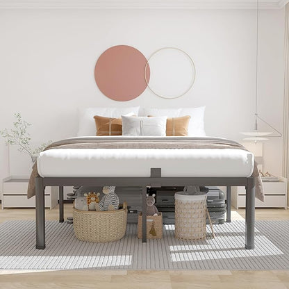 ROIL 12 inch California King Size Bed Frame Metal Platform No Box Spring Needed with Headboard Hole Round Corner Legs Mattress Retainers 3500LBS Heavy Duty Steel Slats Noise-Free Storage