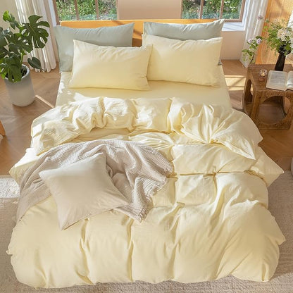 MooMee Bedding Duvet Cover Set 100% Washed Cotton Linen Like Textured Breathable Durable Soft Comfy (Heathered Butter Yellow, Super King 108"x98")