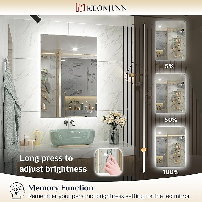 Keonjinn 55 x 36 Inch LED Bathroom Mirror with Backlit, Anti-Fog Vanity Mirror, CRI90+ HD Tempered Glass, Stepless Dimmable, High Lumen, UL Listed, IP44 Waterproof, Horizontal/Vertical