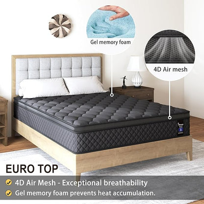 King Mattress, 14 Inch Hybrid Mattresses Black Euro Top Medium Firm for Back & Lumbar Support, 100 Night Trial, Individual Pocket Spring Bed for Motion Isolation & Pressure Relief
