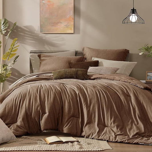 Monbix King Size Comforter Set, Brown King Bedding Set Reversible, King Comforter Set 7 Pieces, Cationic Dyeing Bed in a Bag with Comforter, Sheets, Pillowcases & Shams