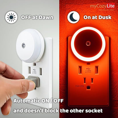 myCozyLite Red Light Night Light, Night Lights Plug into Wall 2 Pack, Dusk to Dawn Sensor, Light for Sleep, Red Nightlight for Bedroom, Bathroom, Kids Room, Nursery, Kitchen, Hallway, Stairway, Round