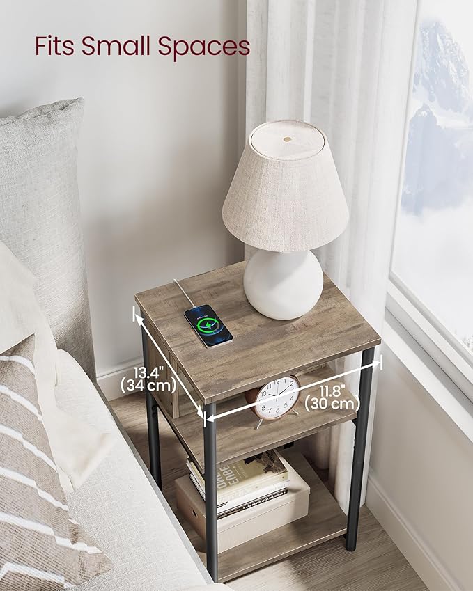 VASAGLE Side Table with Charging Station, 3-Tier End Table with USB Ports and Outlets, Nightstand for Living Room, Bedroom, 11.8 x 13.4 x 22.8 Inches, Plug-in Series, Camel Brown and Black
