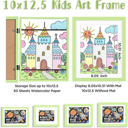 KINLINK 10x12.5 Kids Art Frames Set of 2, Solid Wood Kids Artwork Frames Changeable with Acrylic Front Opening Holds 150 Pictures, Art Frame for Kids Artwork with Mat or without Mat, Light Green