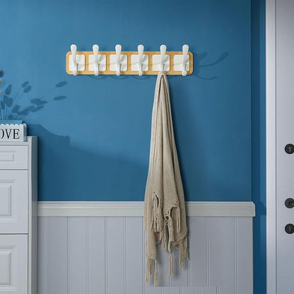 SKOLOO Scandi-Style Wooden Carved-Block Coat Hook & Hanger - Wall Mount with 6 Hooks for Clothing & Accessories, Natural & White