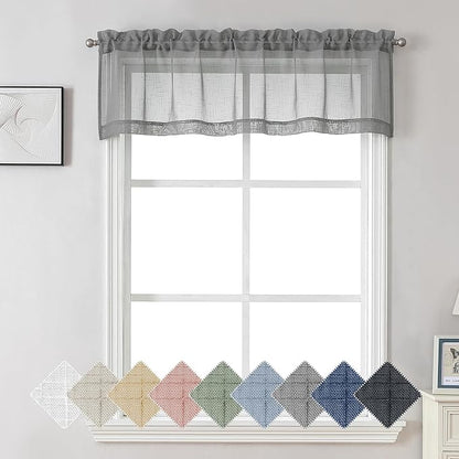Aiyufeng Kirei Faux Linen Kitchen Sheer Valance 14 Inch Length, Soft Airy Slub Textured Short Curtain for Small Windows Farmhouse Bathroom Bedroom Basement, 60X14 Inch, 1 Piece, Silver Grey
