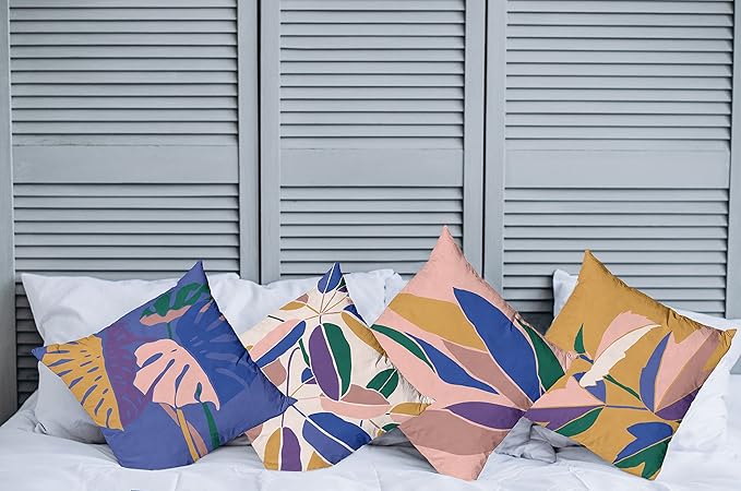 Ambesonne Exotic Throw Pillow Cushion Case Pack of 4, Tropical Themed Leaves Branches Monstera Plant Summer Vibes Pastel, Modern Accent Double-Sided Digital Printing, 20", Peach Blue Violet Mustard