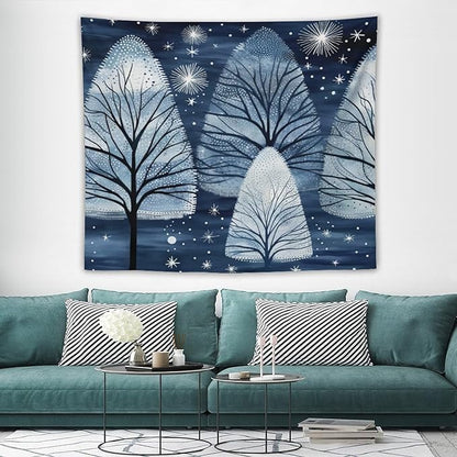 Tapastry's Wall Hanging Trendy Blue Silver Glitter Tree Christmas Tapestry Vintage Christmas Tapestry Vintage Aesthetic Tapestries Wall Hanging for Bedroom 50"x60" Christmas Family Party