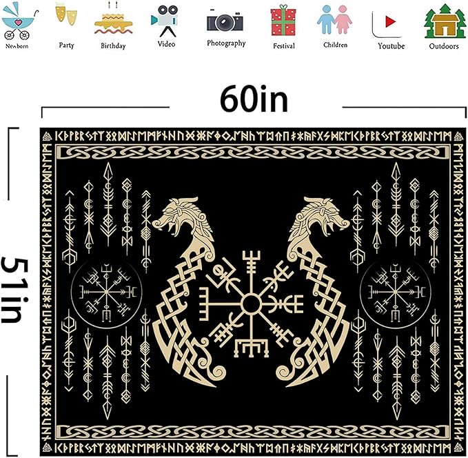 OSUNBD Nordic Vikings Tapestry, Small 6051 inches Soft Flannel, Vegvsir Symbol Twins Dragons Celtic Rune Scandinavian Aesthetic Mythology Tapestry Wall Hanging for Bedroom Living Room Decor