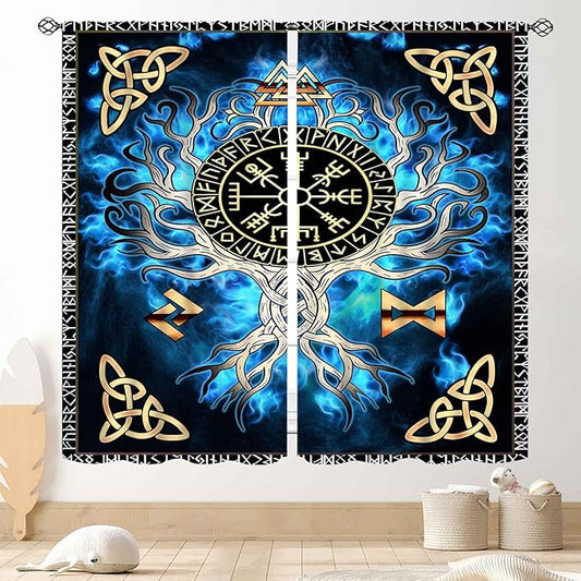Tree of Life Curtains, Vikings Celtic Nordic Life Tree Scandinavian Aesthetic Mythology Blue Window Drapery Treatments for Bedroom Living Room Bathroom 2 Panels, 63"x72" Inch