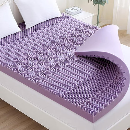MUXHOMO 3 Inch 7-Zone Queen Mattress Topper, Egg Crate Foam Mattress Topper Queen Size for Back Pain, Lavender Cooling Gel Infused Bed Pad, CertiPUR-US and Oeko-TEX Certification (60"×80")