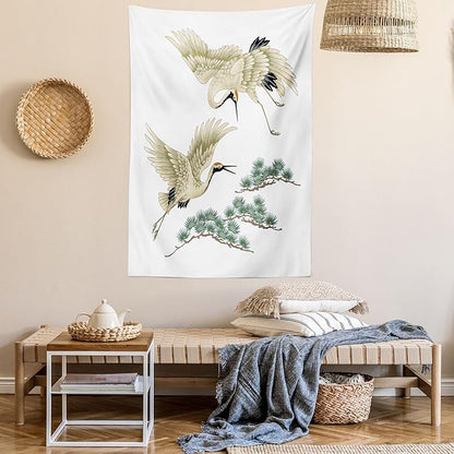 Lunarable Bird Tapestry Twin Size, 2 Japanese Cranes Flying Traditional Painting Style Far Eastern Illustration, Wall Hanging Bedspread Bed Cover Wall Decor, Twin Size, Ivory Green Black