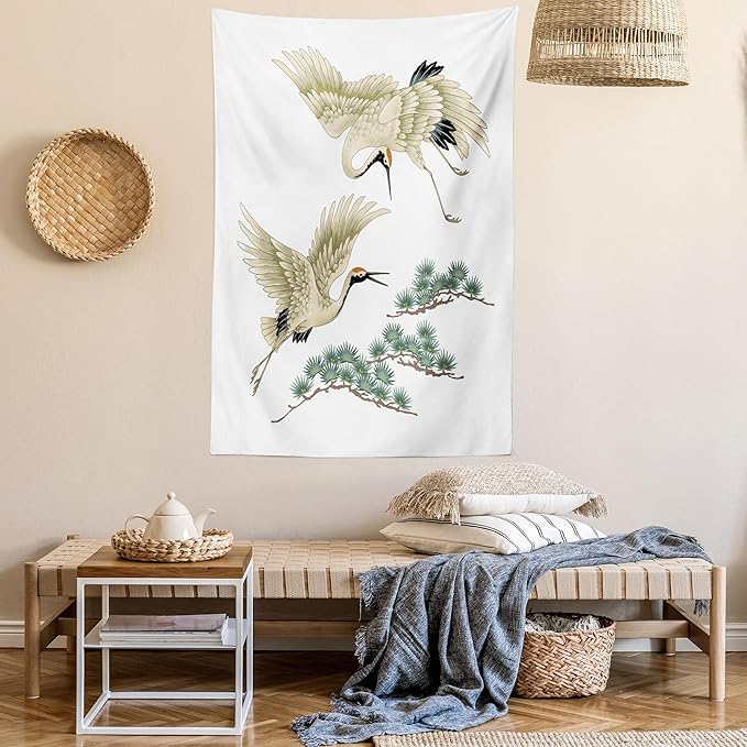 Lunarable Bird Tapestry, 2 Japanese Cranes Flying Traditional Painting Style Far Eastern Illustration, Fabric Wall Hanging Decor for Bedroom Living Room Dorm, 30" X 45", Ivory Green Black
