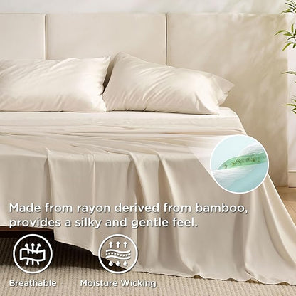 Bedsure Queen Sheet Set, Rayon Derived from Bamboo, Cooling Sheets, Breathable & Soft, Deep Pocket Up to 16", Hotel Luxury Silky Bedding for Hot Sleepers, Light Beige