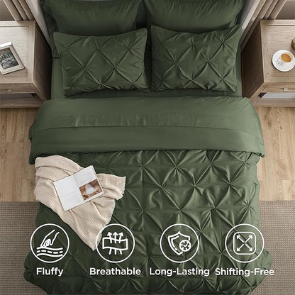 Bedsure Oversized King Comforter Set Olive Green - Bed in a Bag Bedding Set 7 Pieces, GentleSoft™ Pintuck Bed Set Gift for Family, Pinch Pleat Olive Green Comforter with Sheets, Pillowcases & Shams
