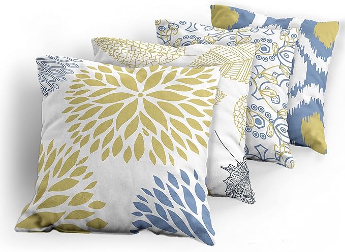 Ambesonne Vintage Throw Pillow Cushion Case Pack of 4, Bohemian Ornamental Leaves Dahlia Geometric Art Curlicue Motif, Modern Accent Double-Sided Digital Printing, 18", Mustard Dark Ceil Blue