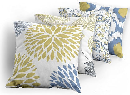 Ambesonne Vintage Throw Pillow Cushion Case Pack of 4, Bohemian Ornamental Leaves Dahlia Geometric Art Curlicue Motif, Modern Accent Double-Sided Digital Printing, 18", Mustard Dark Ceil Blue