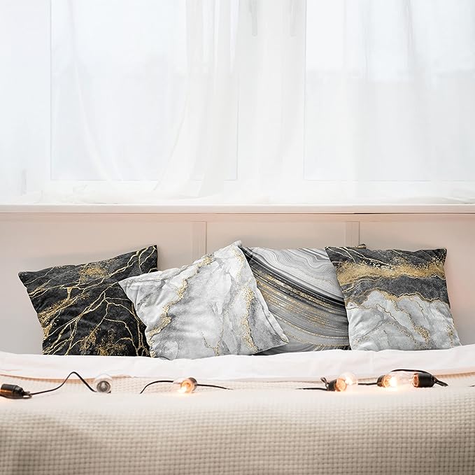 Ambesonne Marble Throw Pillow Cushion Case Pack of 4, Obsidian Like Ornaments Natural Stone Stains and Veins Golden Yellow Tone, Modern Accent Double-Sided Digital Printing, 24", Charcoal Grey Coconut