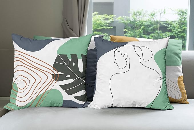 Ambesonne Minimal Throw Pillow Cushion Case Pack of 4, Modern Line Art Woman Portrait with Contemporary Leafy Geometric Details, Modern Accent Double-Sided Digital Printing, 20", Sea Green Slate Blue