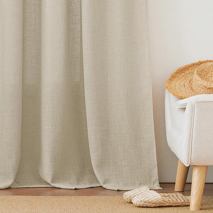 RYB HOME Beige Semi Sheer Curtains 90 inches Long, Grommet Easy Sliding Light Filtering Half Privacy Window Curtains & Drapes for Bedroom Living Room Farmhouse, W 52 x L 90 inches, 2 Pcs