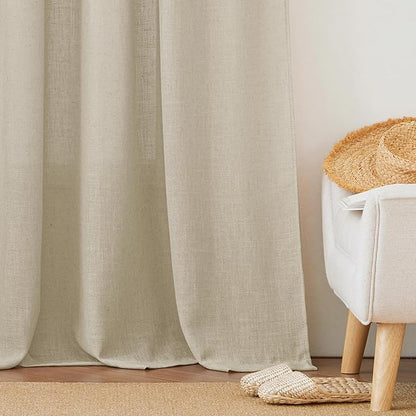 RYB HOME Linen Curtains Light Filtering Semi Sheer - Natural Breathable Burlap for Living Room Bedroom Privacy Window Treatments with Vertical Texture, W 60 x L 90 inches, Beige, 1 Panel