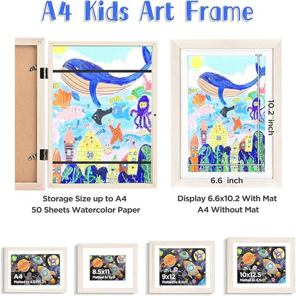 KINLINK A4 Kids Art Frames Set of 2, Solid Wood Kids Artwork Frames Changeable with Acrylic Front Opening Holds 150 Pictures 8.3x11.7, Art Frame for Kids Artwork with Mat or without Mat, White Wood