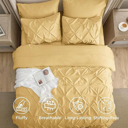 Bedsure Twin Comforter Set Yellow - Bed in a Bag Twin Size Bedding 5 Pieces, GentleSoft™ Pintuck Bed Set Gift for Family, Pinch Pleat Yellow Comforter with Sheets, Pillowcase & Sham