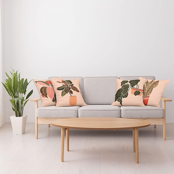 Ambesonne Botanical Throw Pillow Cushion Case Pack of 4, Digital Watercolor Effect Modern Print of House Plants Leaves Pots, Modern Accent Double-Sided Digital Printing, 24", Peach Emerald and Salmon