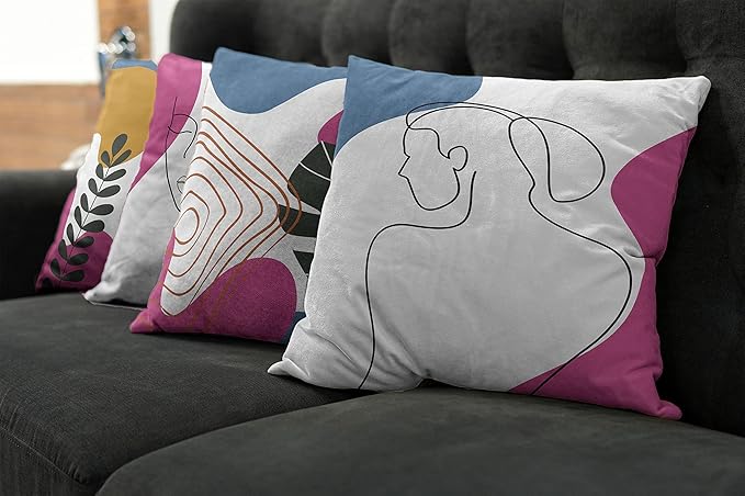 Ambesonne Minimal Throw Pillow Cushion Case Pack of 4, Modern Line Art Woman Portrait with Contemporary Leafy Geometric Details, Modern Accent Double-Sided Digital Printing, 20", Slate Blue Pink Amber