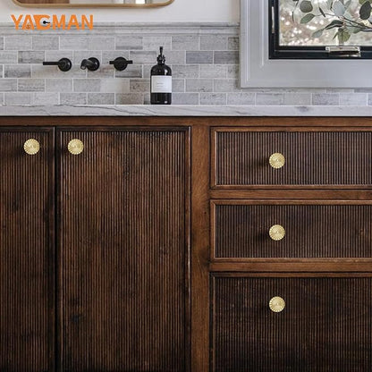 Brushed Gold Cabinet Knobs 10 Pack Round Sunflower Dresser Drawer Hardware Furniture Cupboard Handles for Bathroom Single Hole Knob Kitchen SH-BG-K10