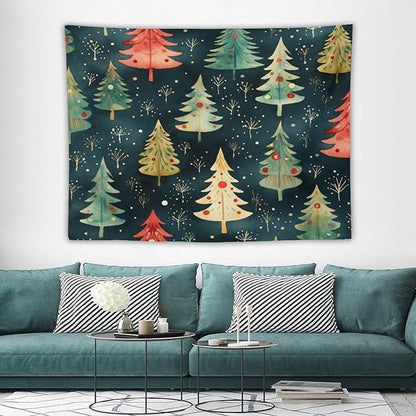 MaSiledy Vintage Christmas Tree Watercolor Tapestry As Wall Art Xmas Rustic Winter Holiday Vintage Aesthetic Tapestry Wall Hanging Landscape Tapestry Home Decoration for Living Room Bedroom 60"x80"