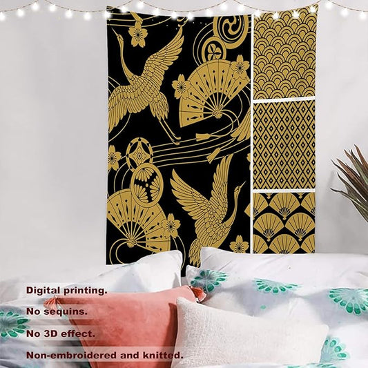 Batmerry Black Oriental Tapestry,Gold Japanese Fan Wall Art Hanging Decoration Polyester Fiber White Ruffled Around for Dorm Room Bedroom Living Room, 82.7x59.1 inches