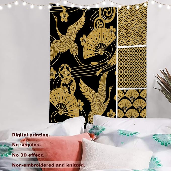 Batmerry Black Oriental Tapestry,Gold Japanese Fan Wall Art Hanging Decoration Polyester Fiber White Ruffled Around for Dorm Room Bedroom Living Room, 59.1x51.2 inches