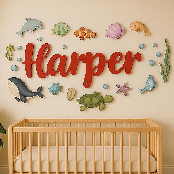 Custom Nursery Name Sign with Themed Decor Kit | Personalized Wooden Wall Art for Baby, Kids Room | Space, Jungle, Circus, Under the Sea, Woodland, Rainbow (50", Under the Sea)